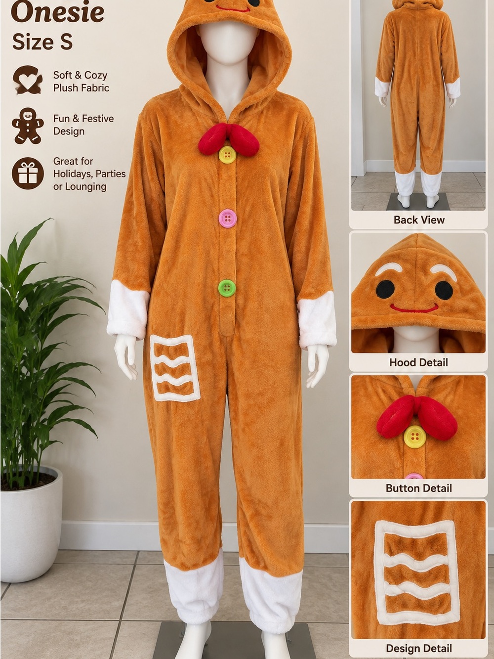 Kids Orange Gingerbread Plush Onesie Costume with Hood
